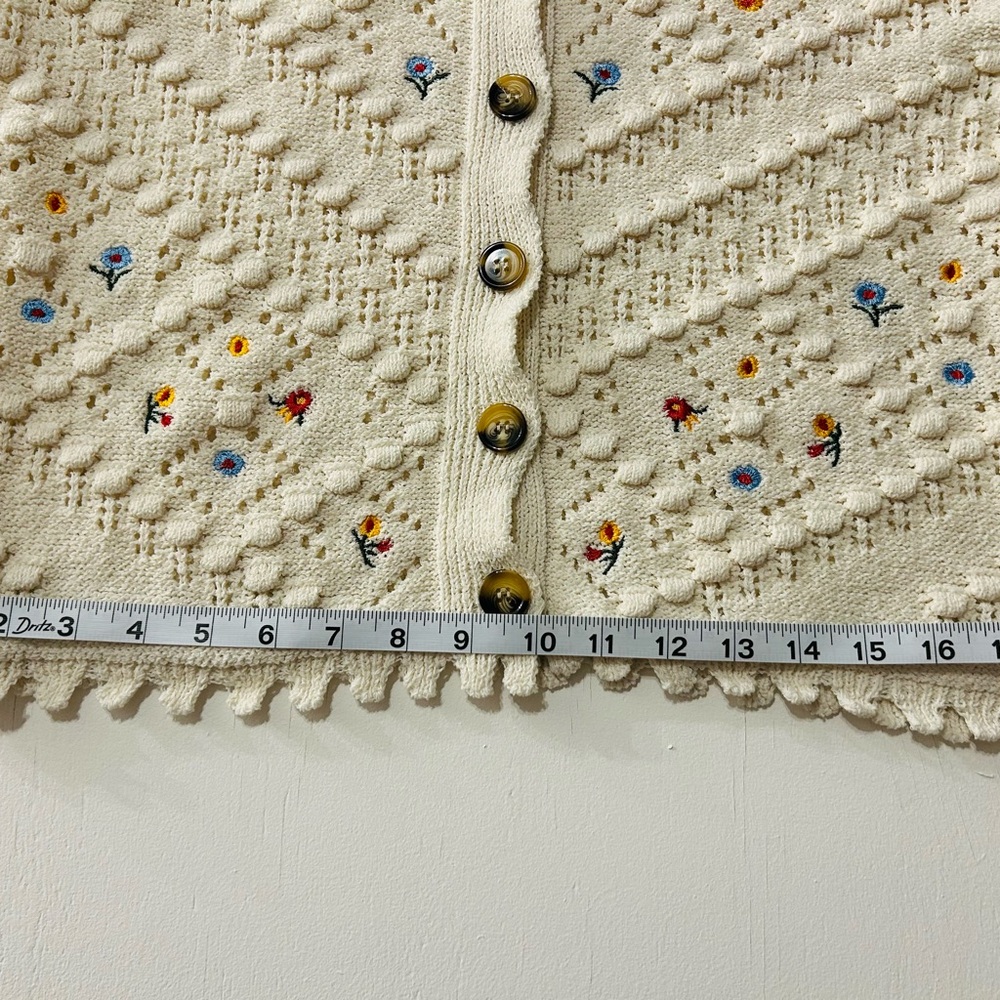 Vintage Inspired Classic Woman's Cream Embroidered Openwork Knit Cardigan - Picture 9 of 9